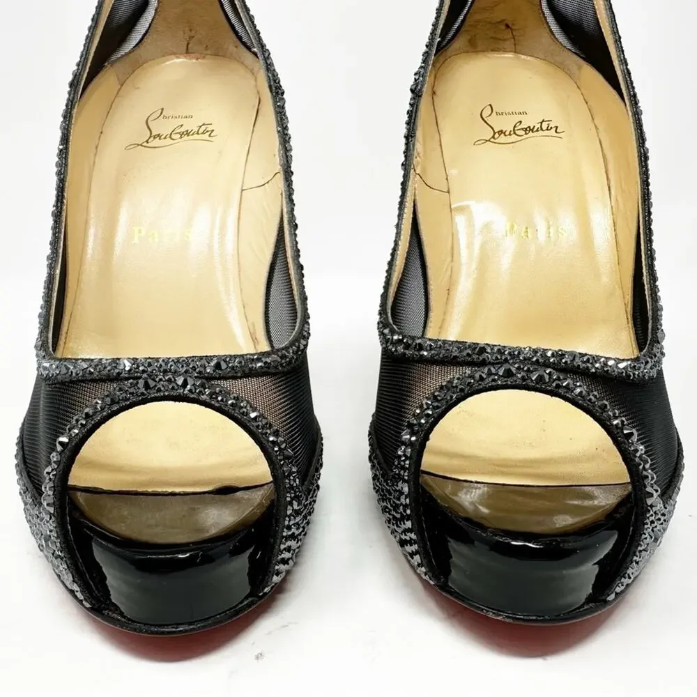 Christian Louboutin Camilla Strass Peep Toe Heels Womens Size EU 39.5